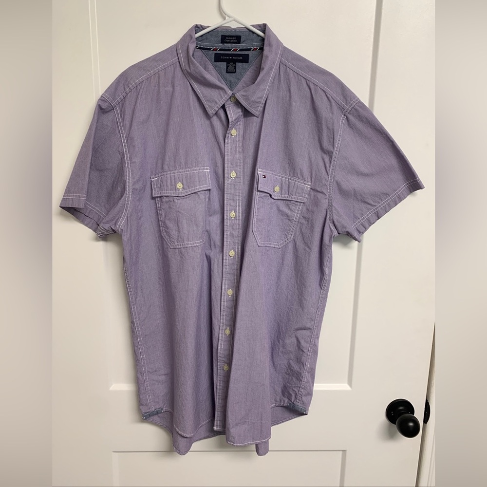 VTG Tommy Hilfiger Shirt Mens XXL Purple Button Up Short Sleeve, 2 Pocket